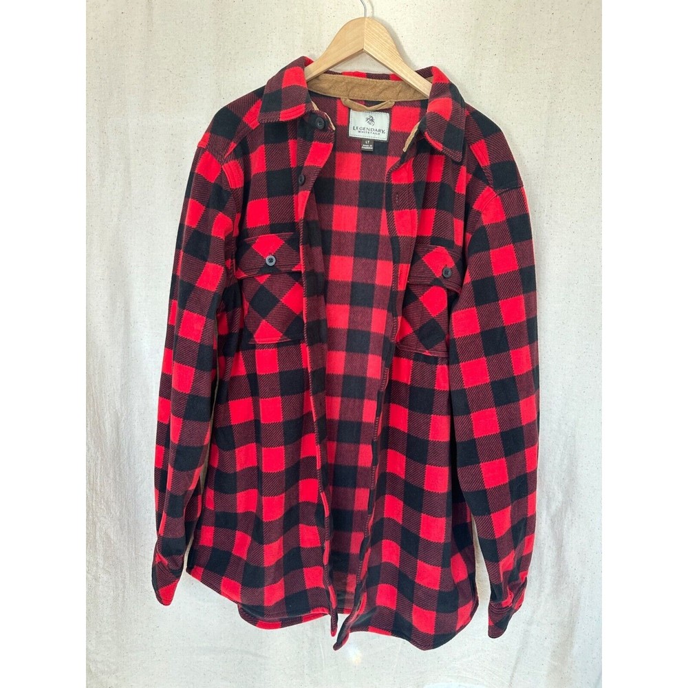 LEGENDARY WHITETAILS Mens L TALL Fleece Flannel Red Buffalo Plaid Button Shirt